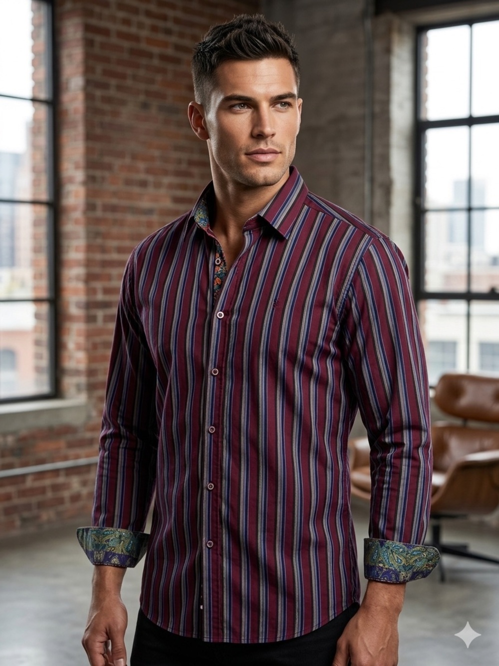 Robert Graham Striped Flip Cuff Shirt XL Paisley Trim Button down